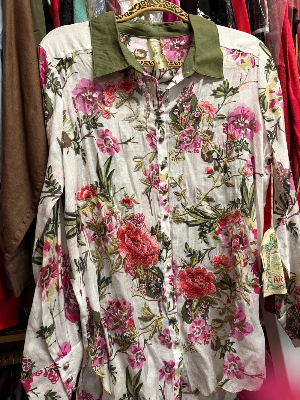 Aratta Cream Floral Button-Up Blouse with Olive Collar